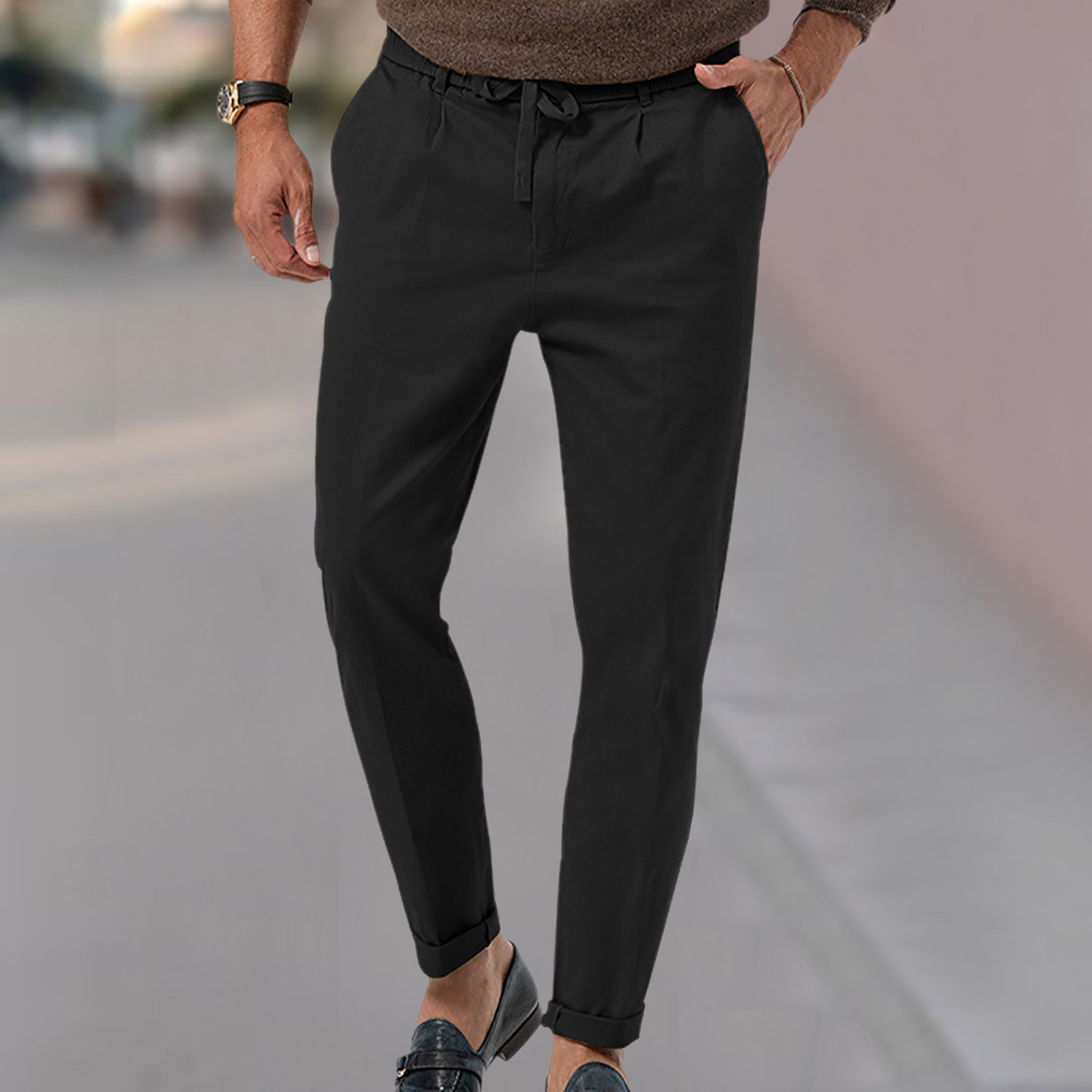 thumbnail image 2 of Pantalones de vestir rectos con cintura elástica y color liso para hombre: corte holgado, cordón, lavables a máquina, cómodos pantalones de estilo europeo., 2 of 5